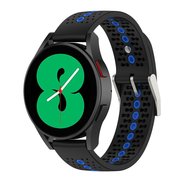 Two-tone silicone breathable watch strap for Galaxy Gear Sport, black with blue accents, perforated.