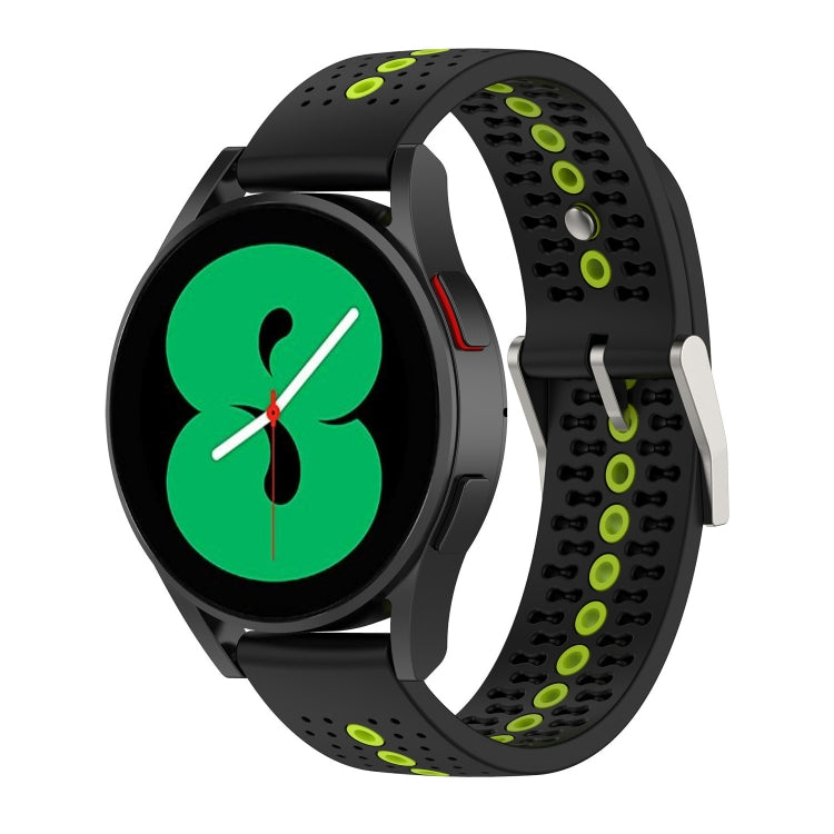 Two-tone silicone breathable watch strap for Galaxy Gear Sport, black with lime accents, perforated.