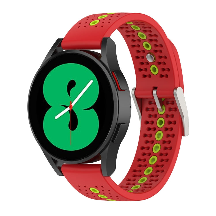 Two-tone silicone breathable watch strap for Galaxy Gear Sport, red with green accents, perforated.