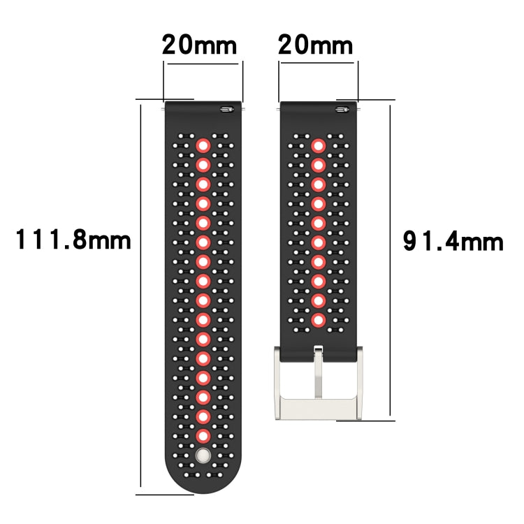 Perforated silicone watch strap size diagram: 20mm width, 111.8mm length