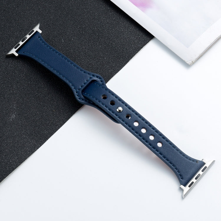 Microfiber leather watch strap for Apple Watch, dark blue with silver pin-and-hole design