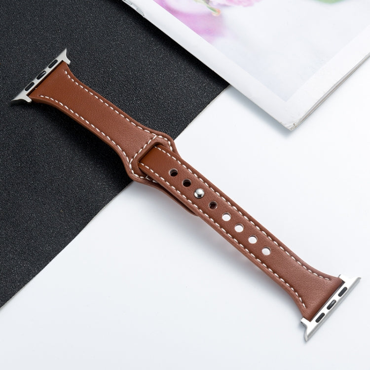 Brown microfiber leather watch strap with perforations and silver pin buckle