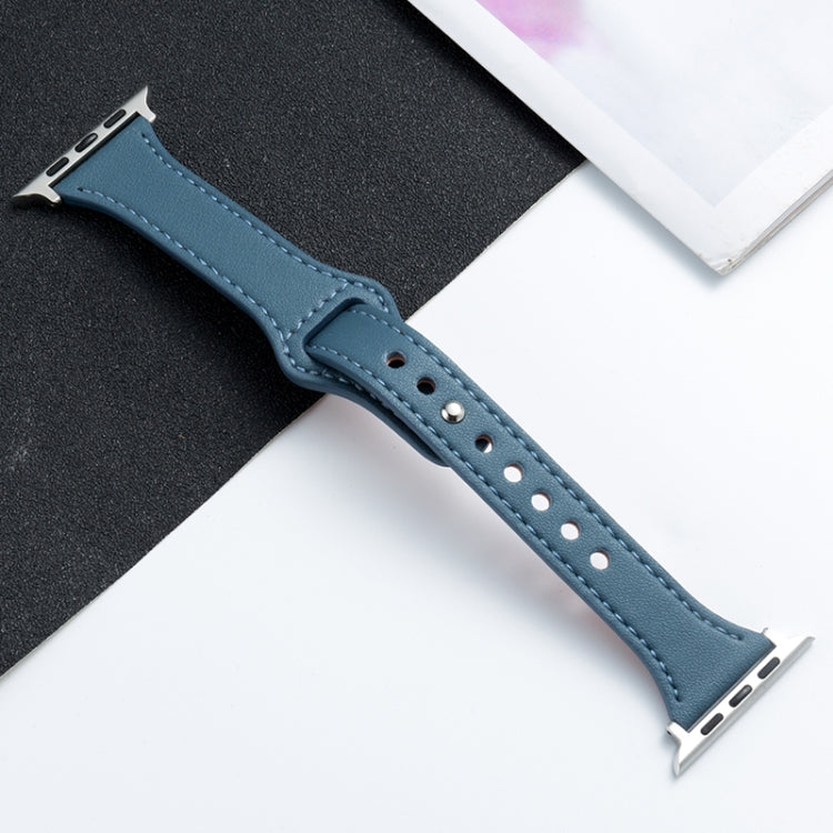 Microfiber leather watch strap for Apple Watch, blue with silver pin-and-hole design
