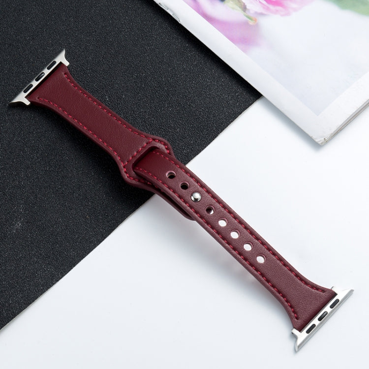 Microfiber leather watch strap for Apple Watch, wine red with silver pin-and-hole holes