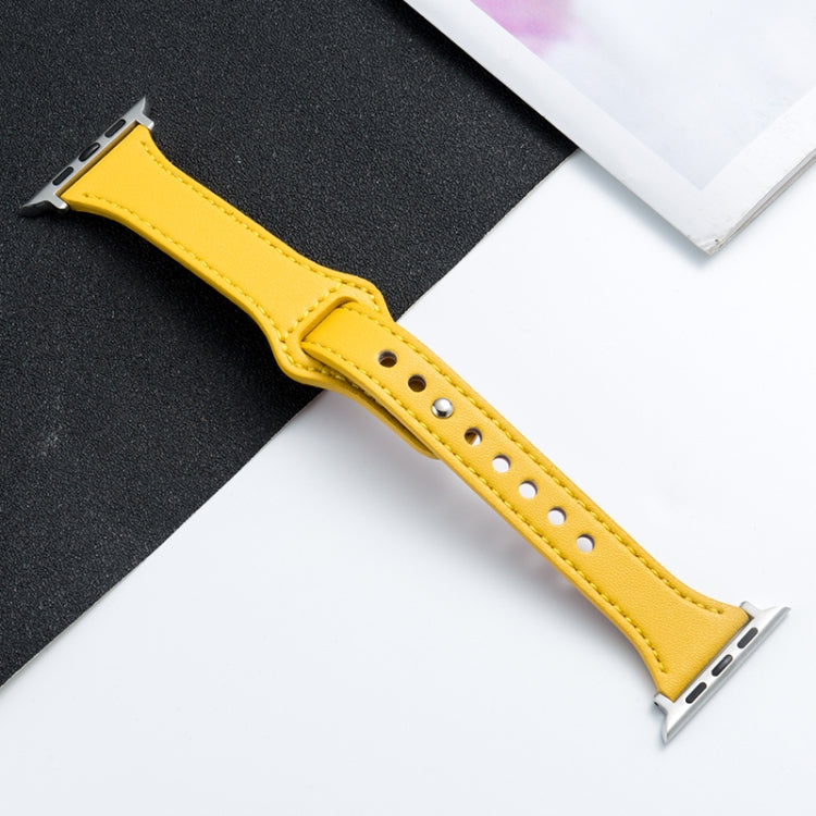 Microfiber leather watch strap for Apple Watch, bright yellow with silver pin-and-hole design