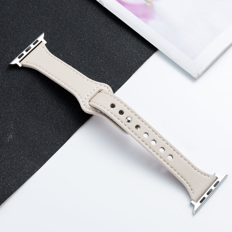 Beige microfiber leather watch strap with perforations and silver pin buckle