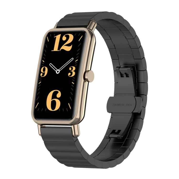 Black metal bead watch strap attached to a rectangular smartwatch