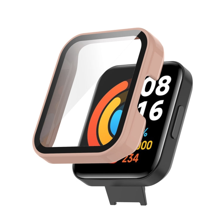 Pink full-enclosed watch case with clear screen cover, watch face visible