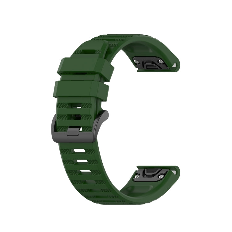 Dark green silicone sports watch strap with perforated holes and buckle, two-piece design