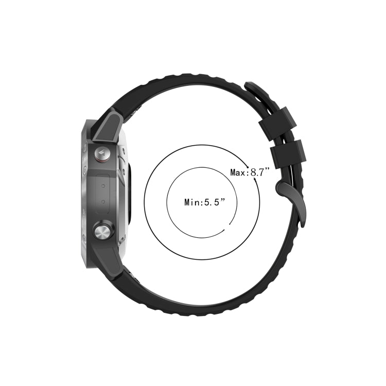 Black silicone sports watch strap with adjustable clasp and sizing range view.