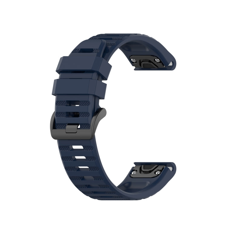 Silicone sports watch strap with buckle, navy blue with dark gray accents.