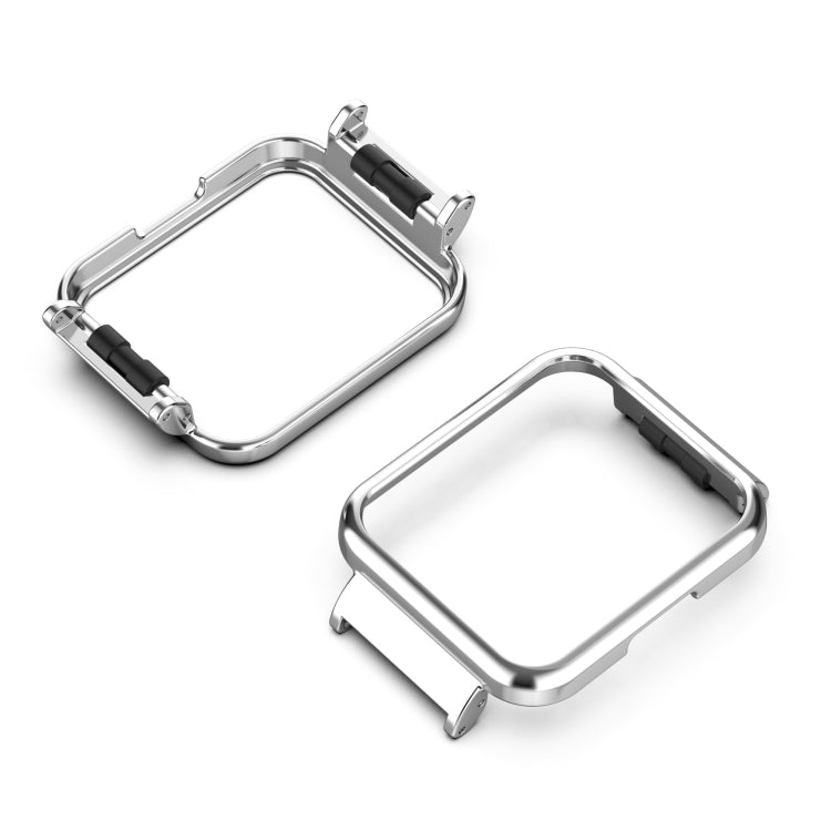 Silver metal watch frame case with black connectors, shown front and back