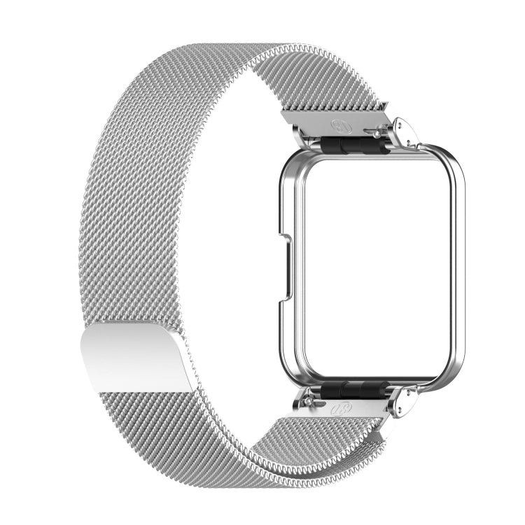 Silver metal watch frame with black clasp clips on a mesh metal strap