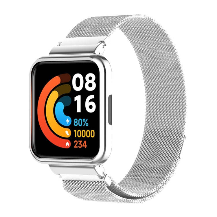 Silver metal watch frame on smartwatch with colorful display and mesh band