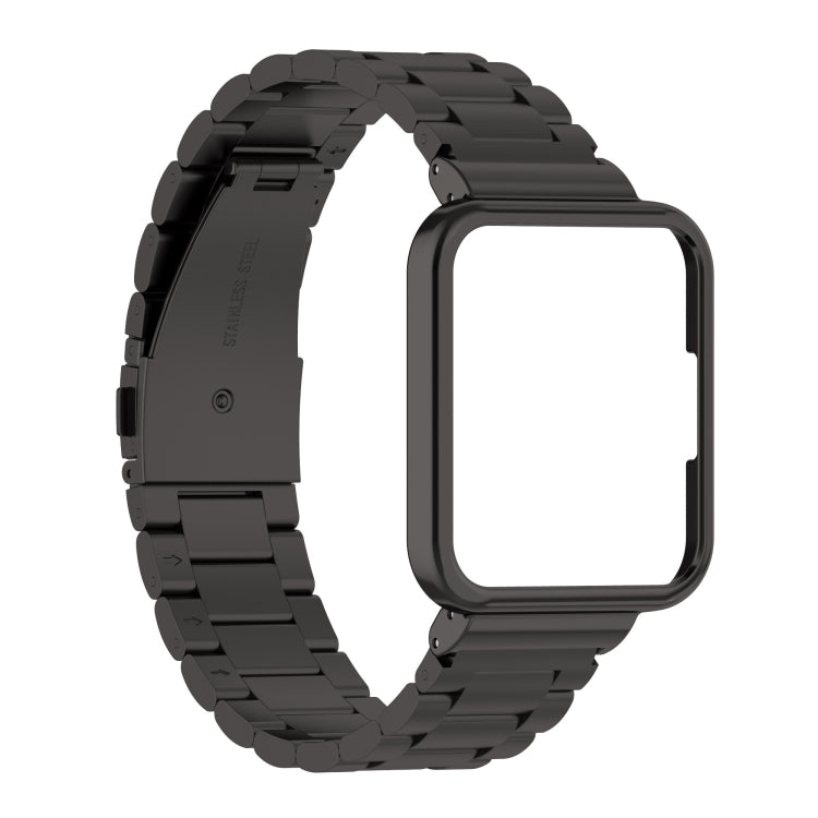 Black metal watch strap with three-bead links and transparent watch frame