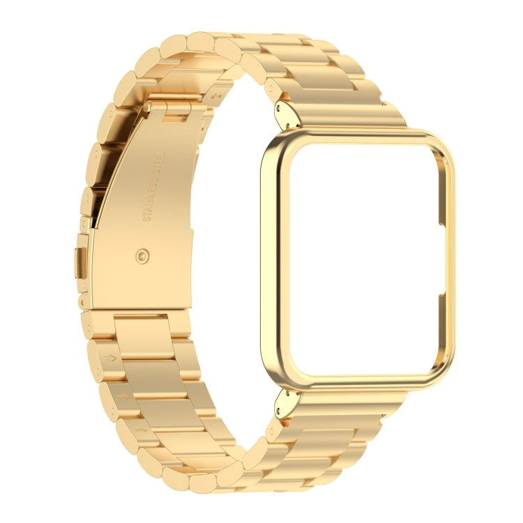 Gold metal watch strap with three-bead links and transparent watch frame