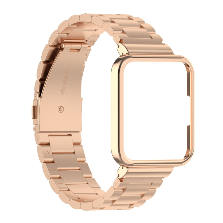 Rose gold metal watch strap with three-bead links and transparent watch frame