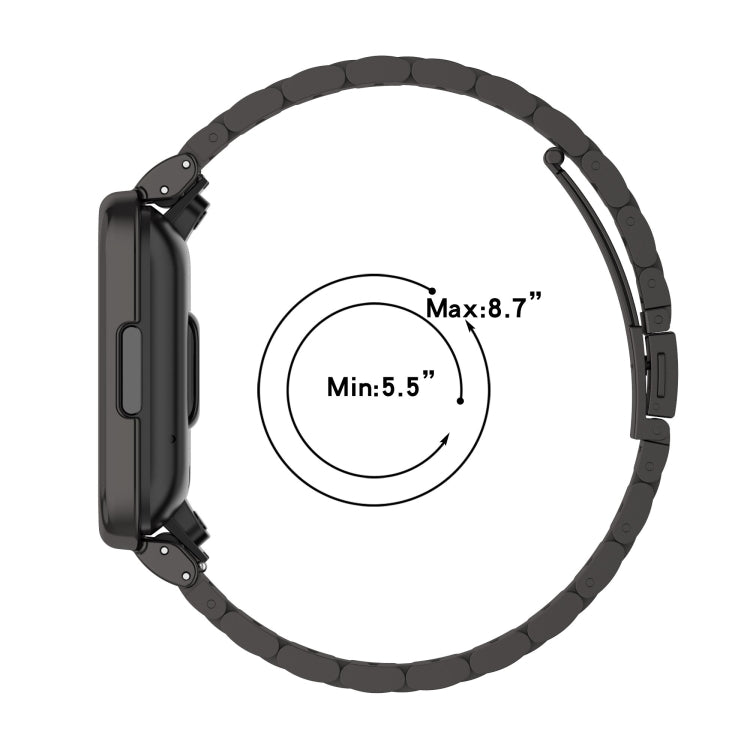 Black three-bead metal watch strap with protective frame and sizing diagram