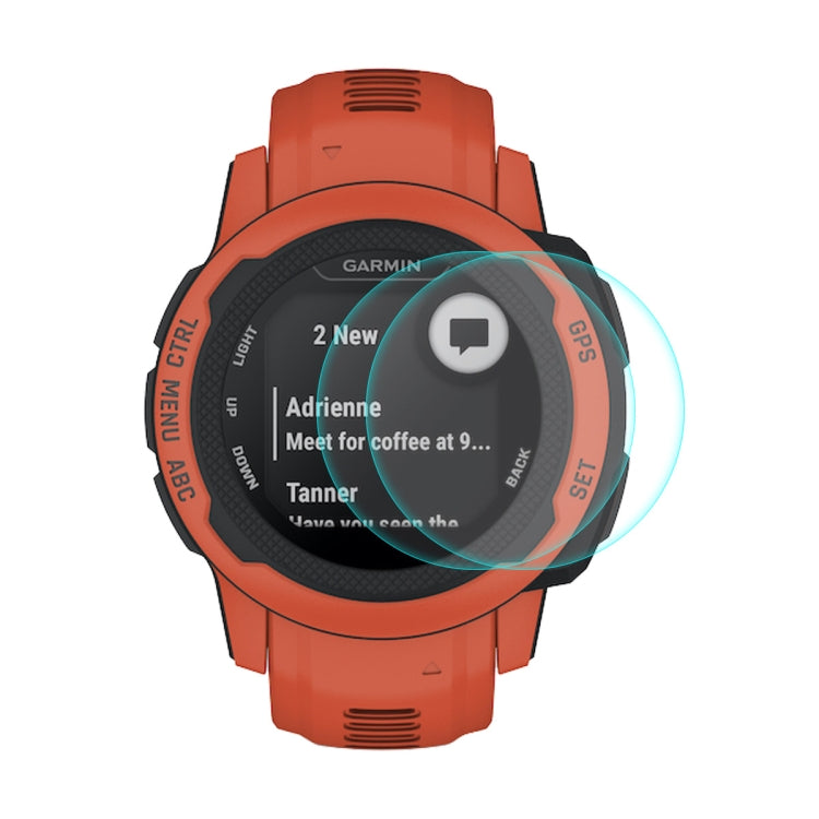 Tempered glass screen protector for orange Garmin smartwatch with clear screen coverage