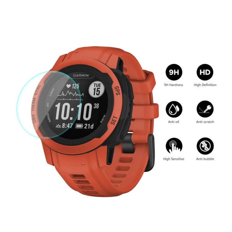 Tempered glass screen protector on orange Garmin smartwatch face with 9H/HD icons