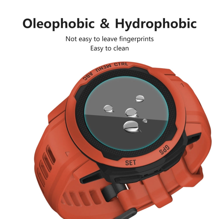 Orange Garmin smartwatch screen protector with water droplets on the glass