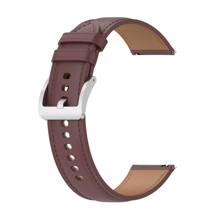 Calf-texture sewing thread watch band, burgundy with tan lining and buckle.
