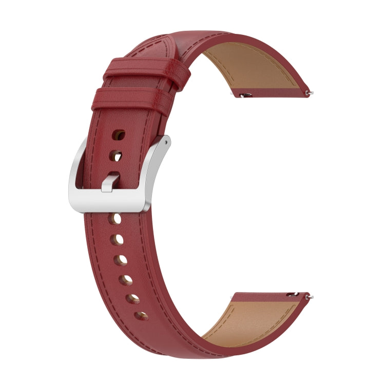 Calf-texture sewing thread watch band, red with tan lining and perforated holes.