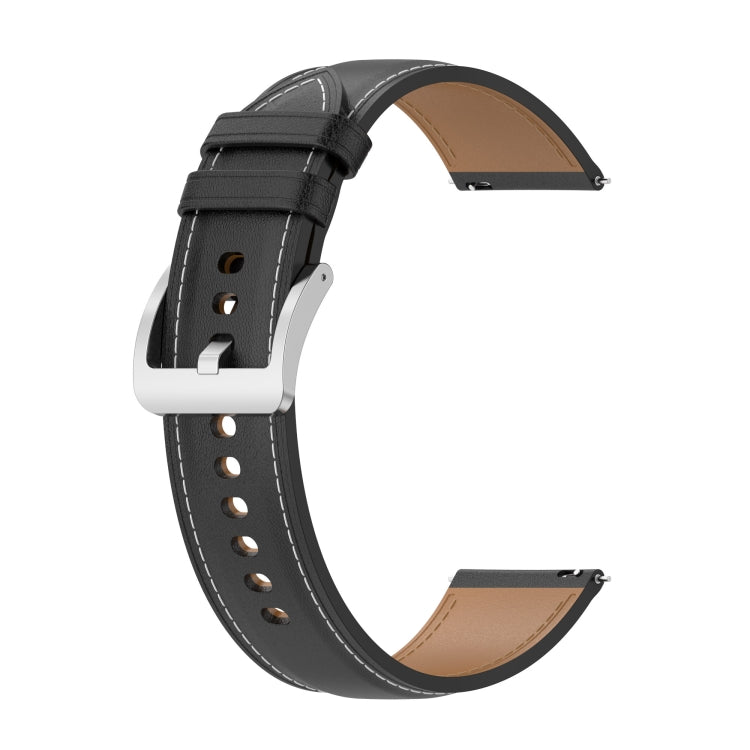 Calf-texture sewing thread watch band, black with tan underside and perforated strap.