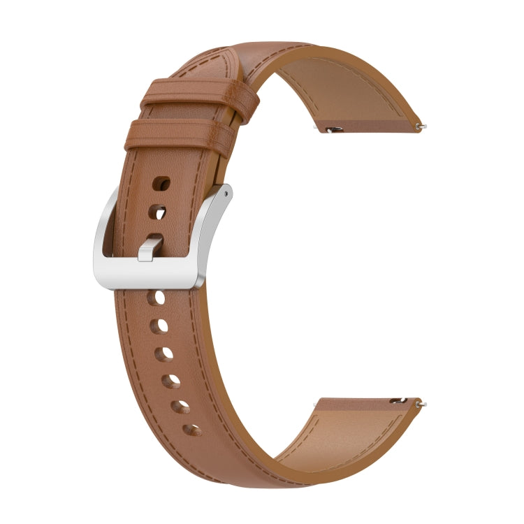 Calf-texture sewing thread watch band, dark brown with tan lining and buckle.