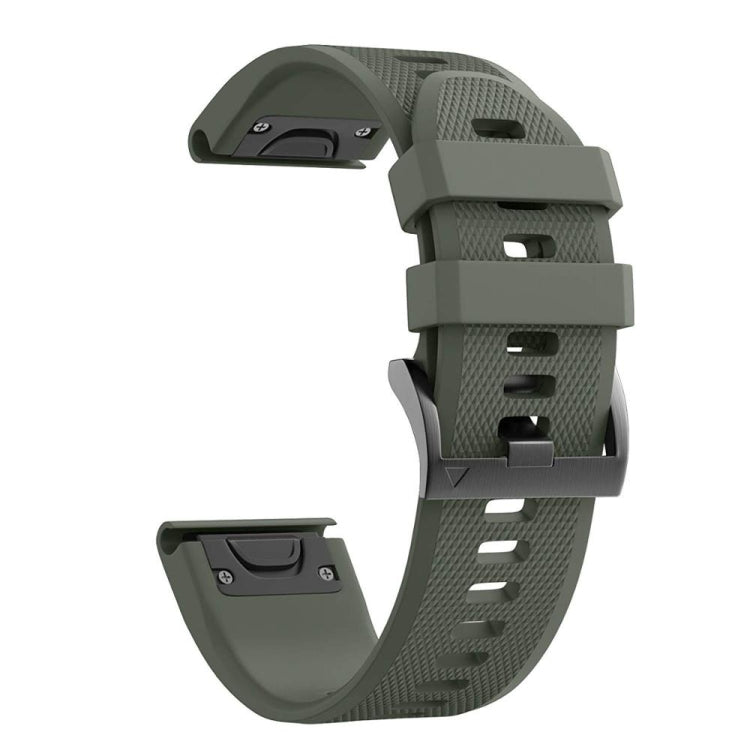 Silicone watch strap in dark gray with black buckle plate and strap holes.