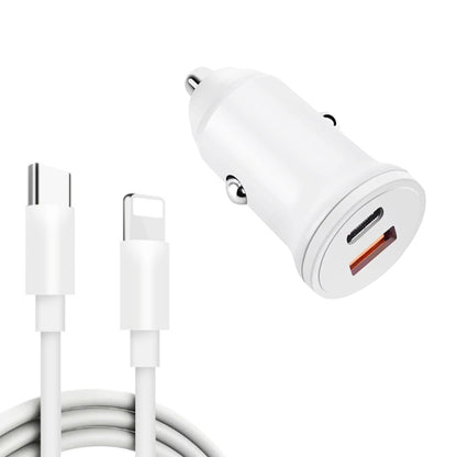 White dual-port USB car charger with USB-C and USB-A output, plus connected cable