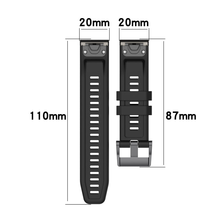 20mm silicone watch band size diagram: 110mm length and 87mm clasp-side width