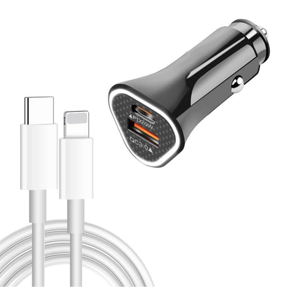 Black 38W PD car charger with USB-C and QC3.0 ports, plus Type-C to 8-pin cable