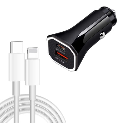 Black dual-port car USB-C charger with USB-C to 8-pin cable, 1m.