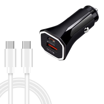 Black car USB charger with QC/PD ports and dual USB-C cable connectors