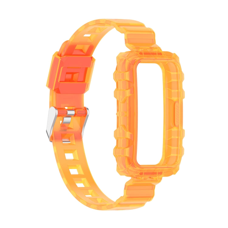 Orange transparent silicone watch band, one-piece link style with clasp.