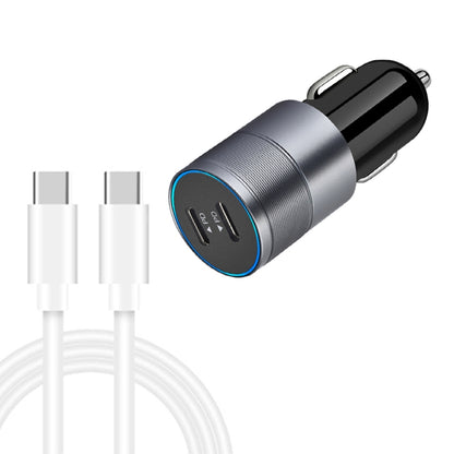 Dual USB-C car charger with metal grey body, blue-ring edge, two USB-C ports