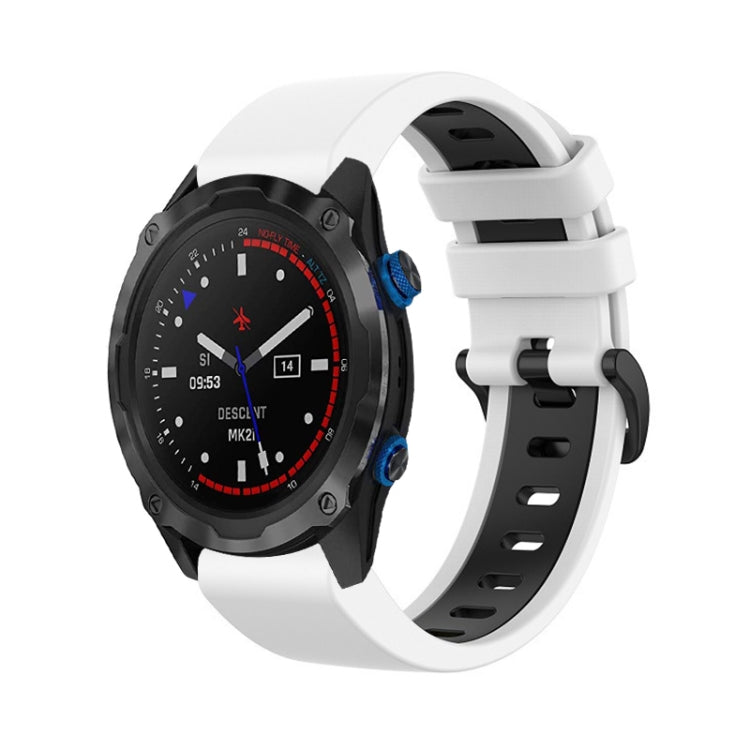 Two-color silicone watch band with white strap and black buckle details for a sports watch