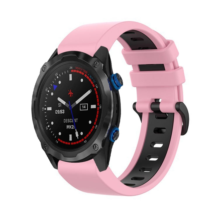 Two-color silicone watch band with pink strap and black clasp for a sports watch