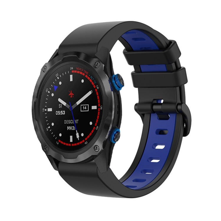 Two-color silicone watch band with black strap and blue clasp for a sports watch