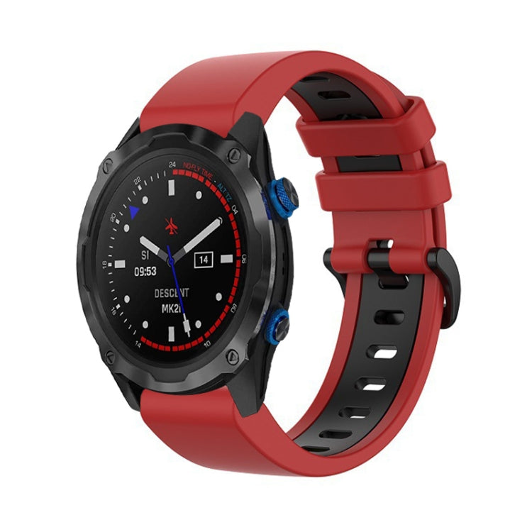 Two-color silicone watch band with red strap and black clasp for a sports watch