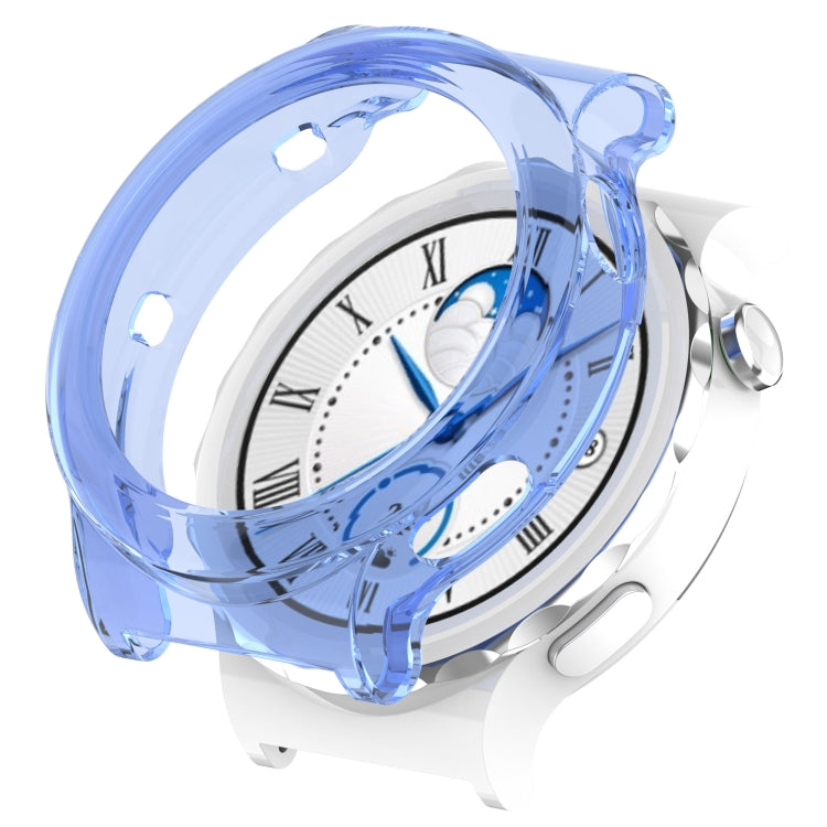 Blue TPU transparent hollow watch case with open side cutouts for a round smartwatch