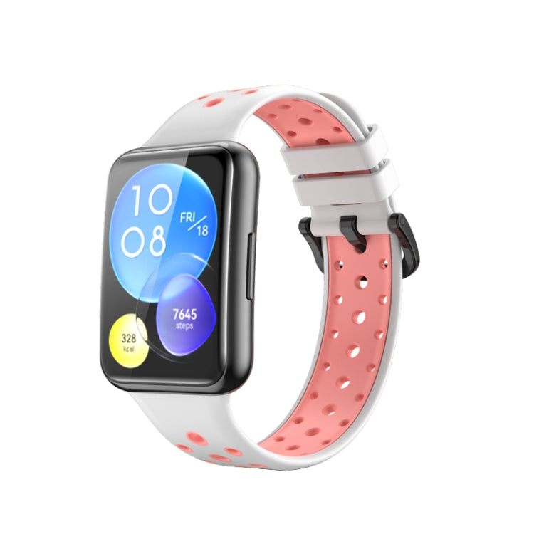 Two-tone white and pink perforated silicone watch band with metal clasp