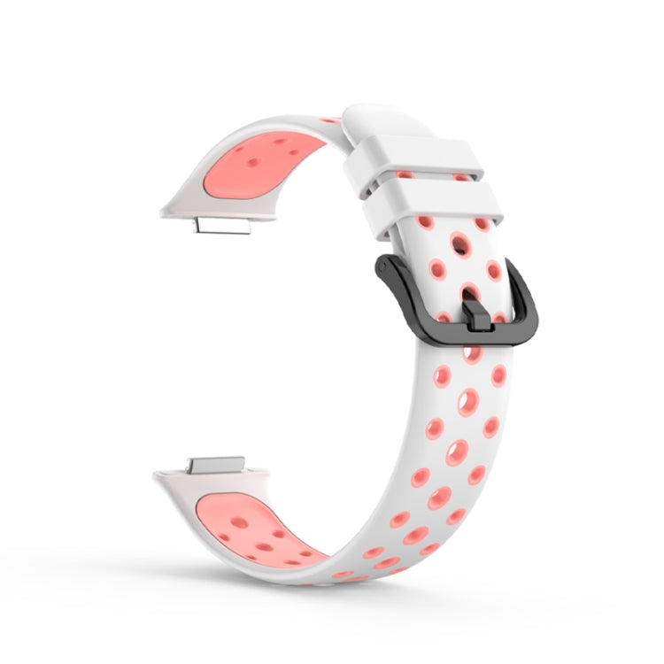 Two-tone white and pink perforated silicone watch band with buckle clasp