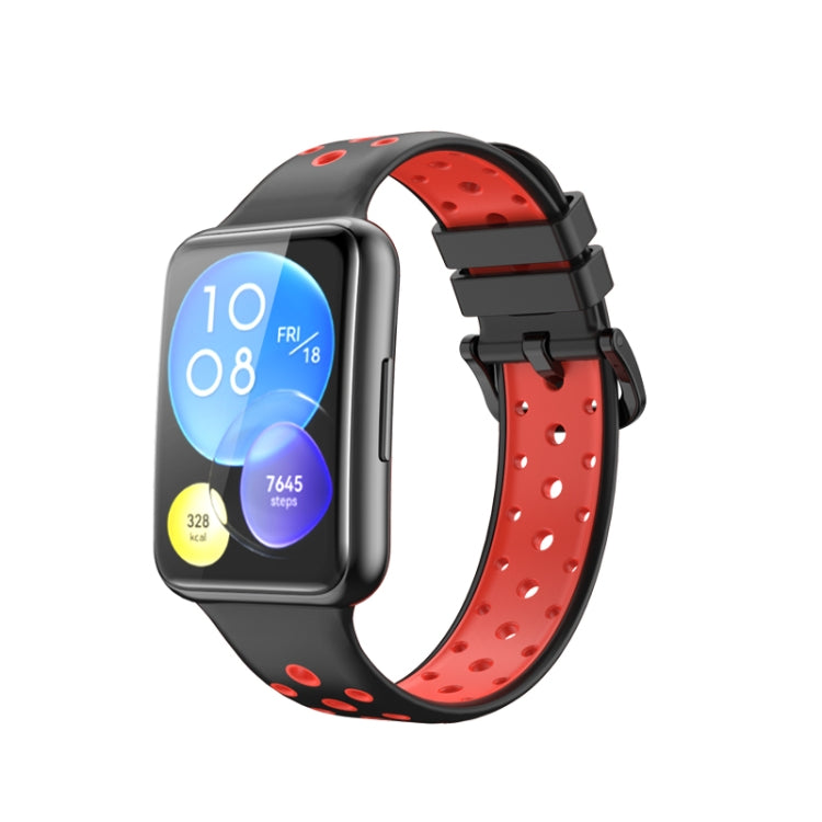 Two-tone red and black perforated silicone watch band with smartwatch holder