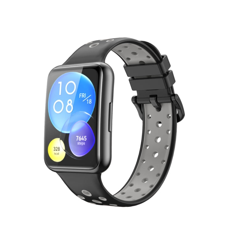 Two-tone black and grey perforated silicone watch band with snap clasp