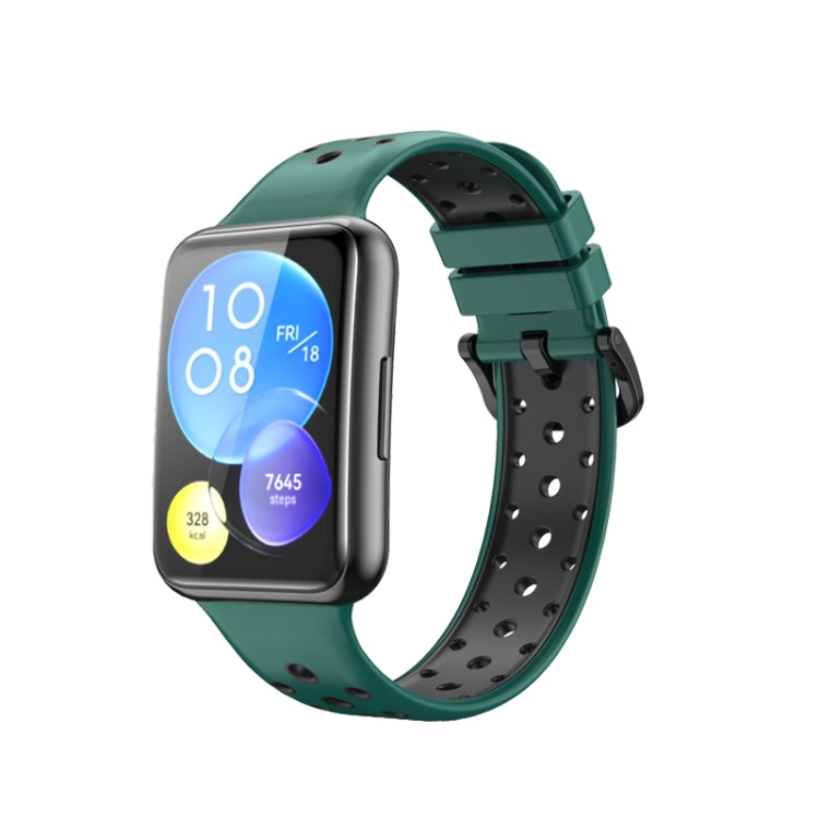 Two-tone green and black perforated silicone watch band with secure buckle