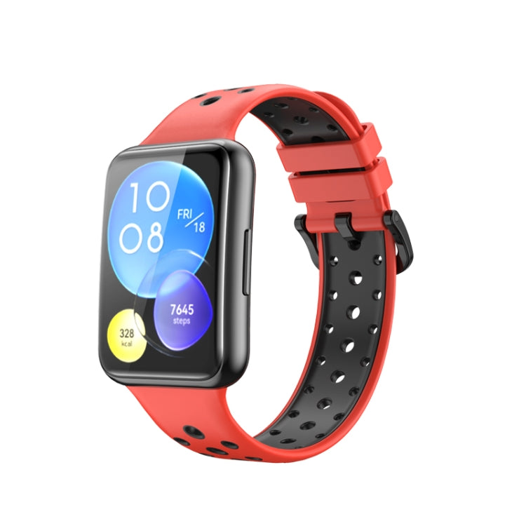 Two-tone red and black perforated silicone watch band with adjustable buckle