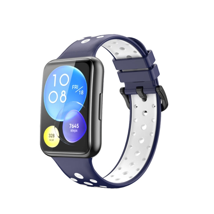 Two-color perforated silicone watch band with dark blue buckle and light gray strap, for smartwatch