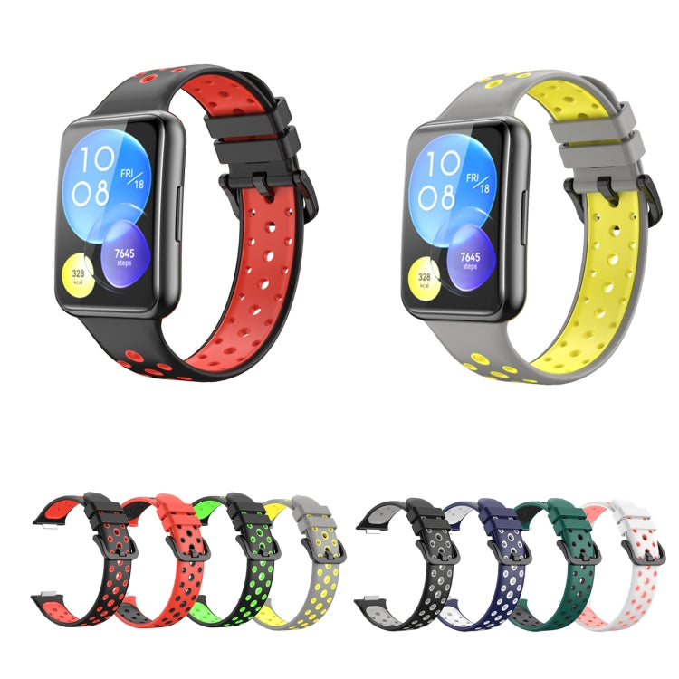 Two-tone red and black perforated silicone watch band with adjustable clasp